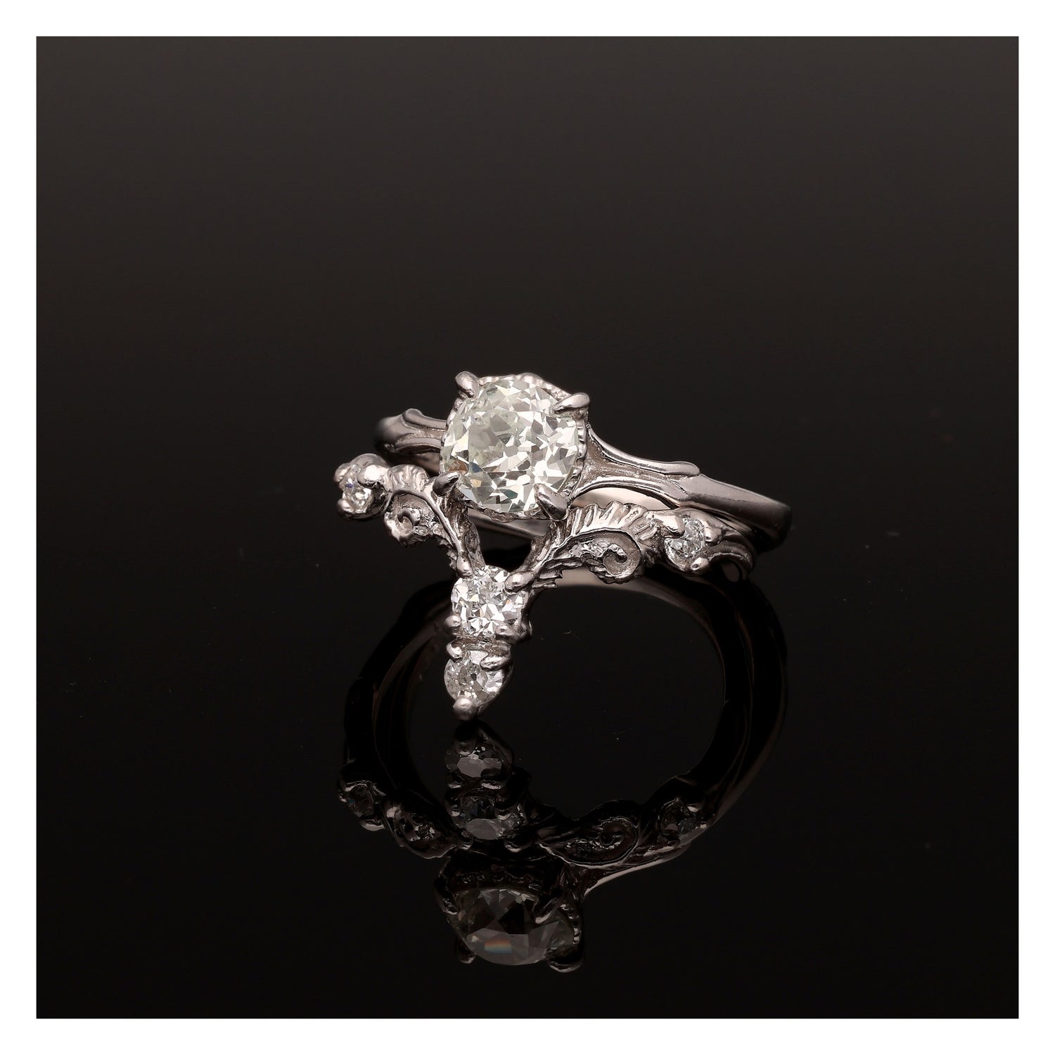 Fiddlehead Fern and Orchid Platinum Wedding Set 1 Carat Old Mine Cut Antique Diamond