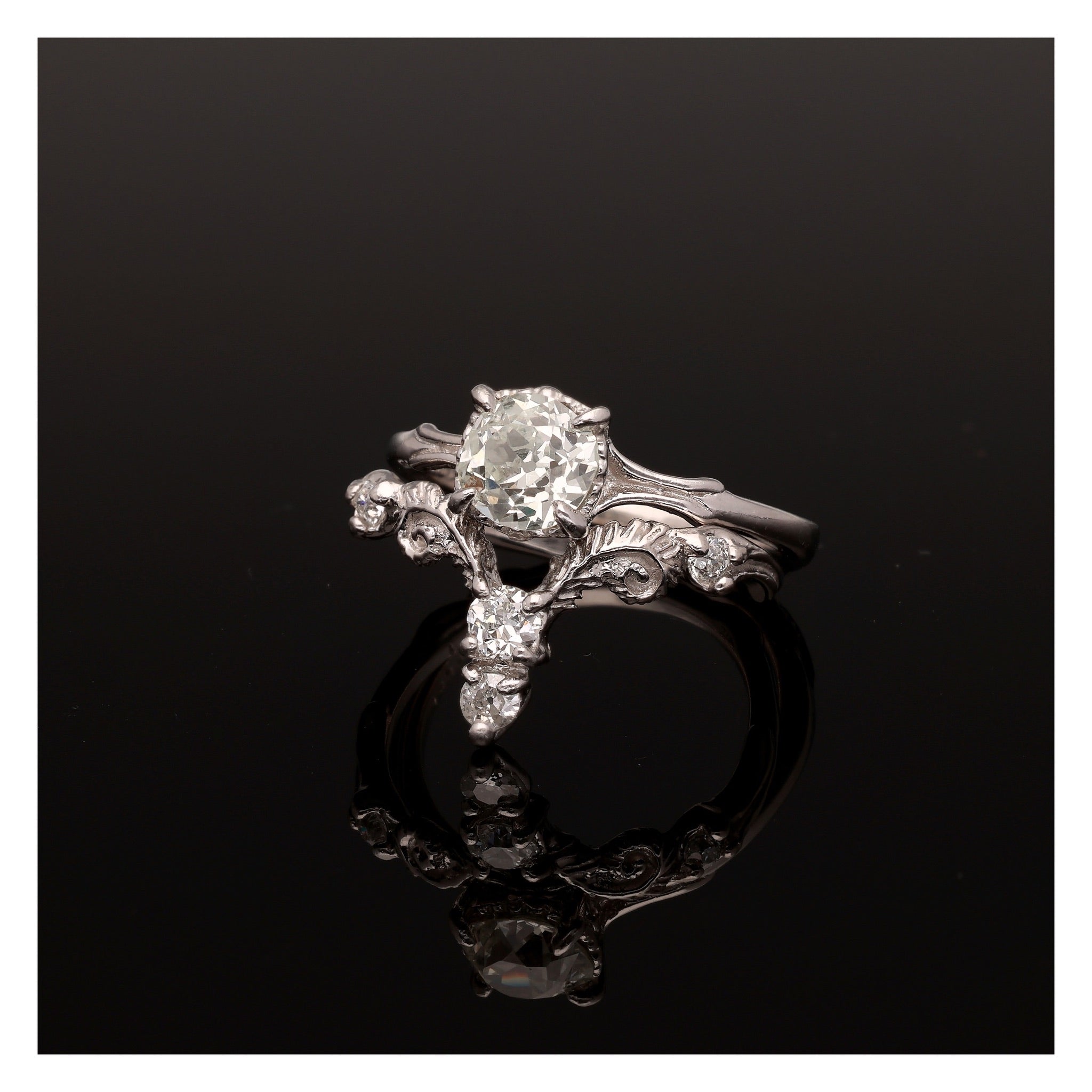 Fiddlehead Fern and Orchid Platinum Wedding Set 1 Carat Old Mine Cut Antique Diamond