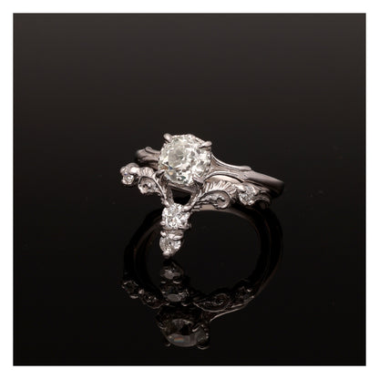 Fiddlehead Fern and Orchid Platinum Wedding Set 1 Carat Old Mine Cut Antique Diamond
