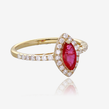 Marquise Ruby and Diamond Halo Ring in 14K Yellow Gold