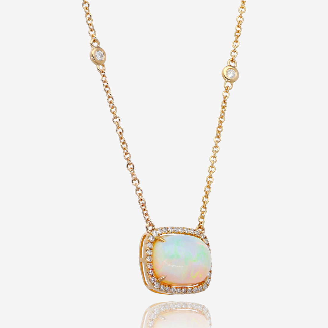Opal Cushion Halo Pendant in 14K Yellow Gold