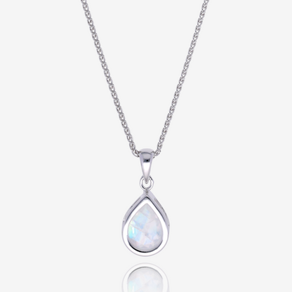 Pear Shaped Rainbow Moonstone Bezel Pendant in Sterling Silver