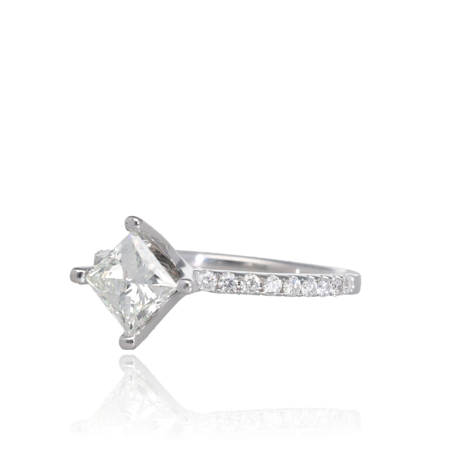 1.18ct Starlight Compass 18K White Gold Princess Cut Natural Diamond Engagement Ring with Pave Band