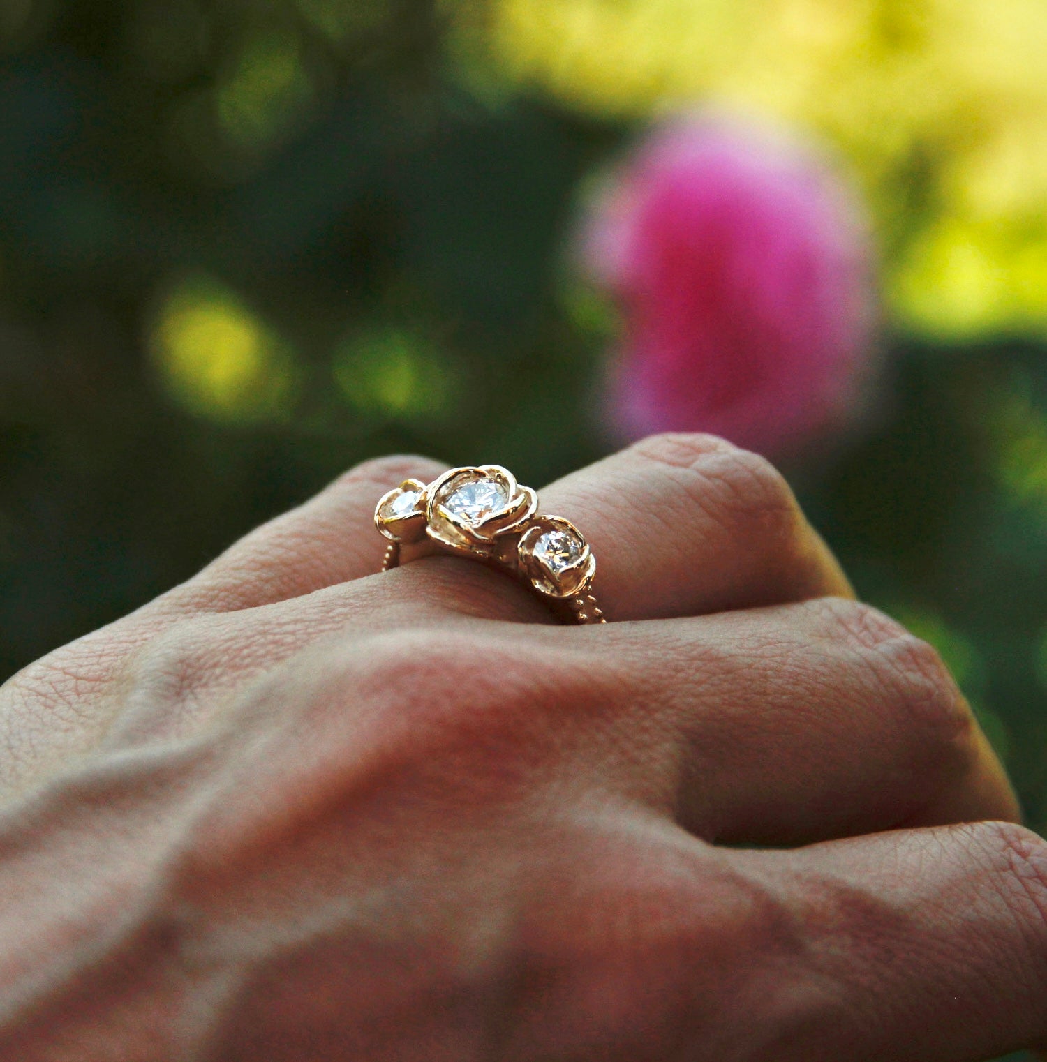 Prized Rose Trio Three Diamond Ring Yellow Gold