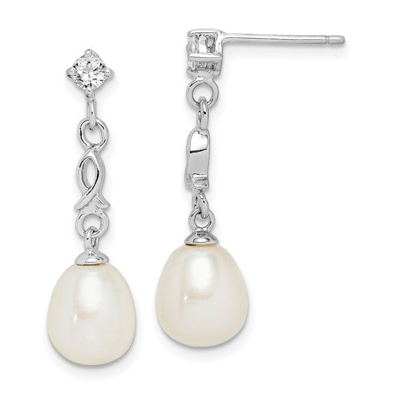 Sterling Silver 8mm White Freshwater  Pearl CZ Dangle Earrings