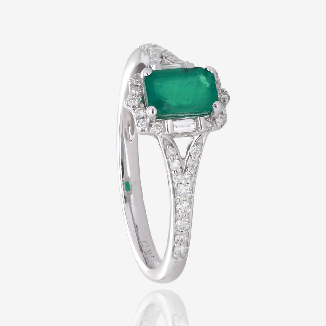 Emerald Cut Emerald and Diamond Split Shank Ring in 14K White Gold