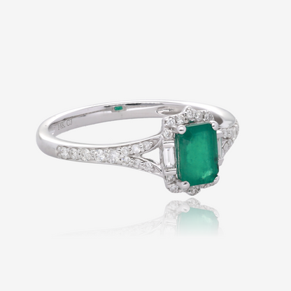 Emerald Cut Emerald and Diamond Split Shank Ring in 14K White Gold
