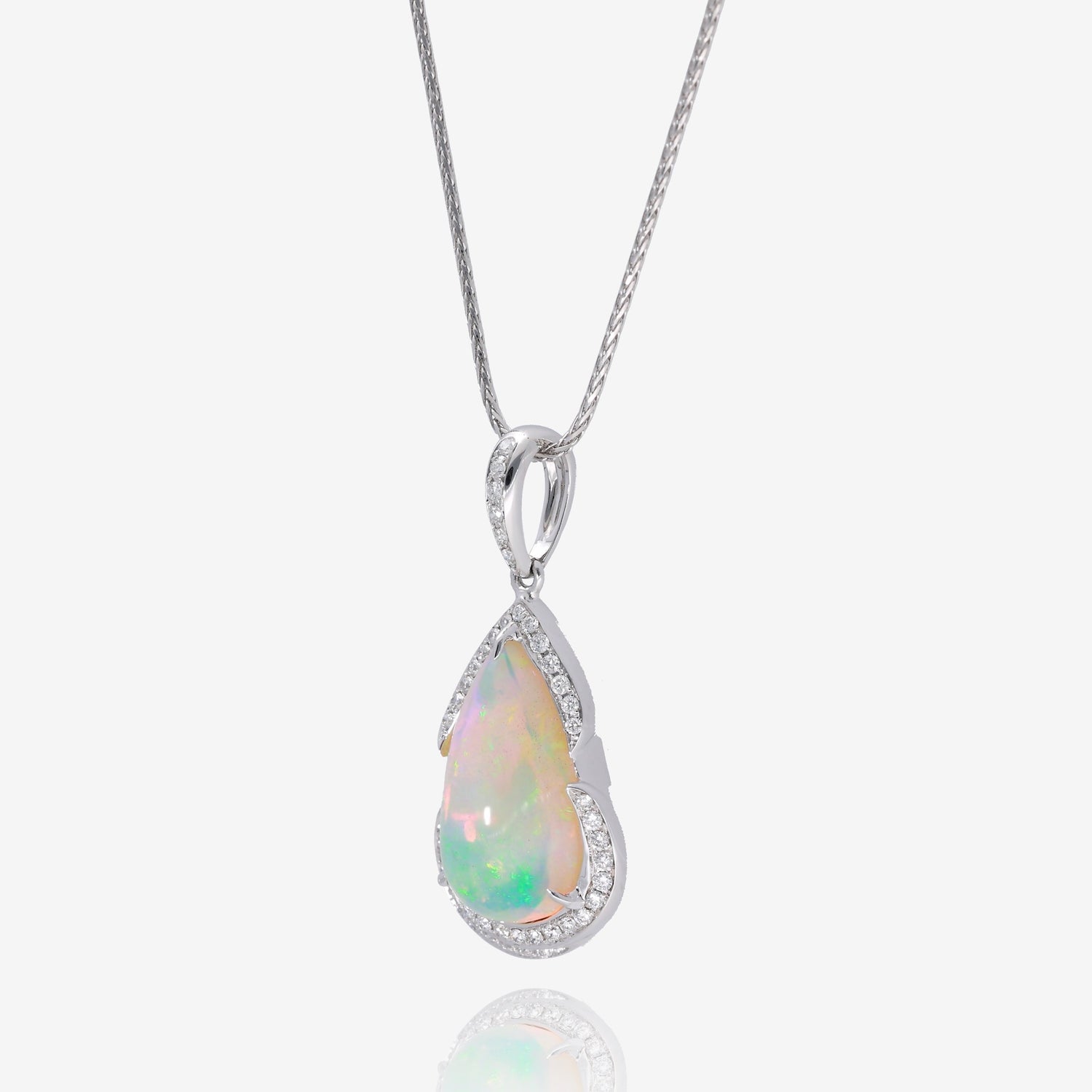 Moonlit Fire: 14K White Gold Opal and Diamond Pendant