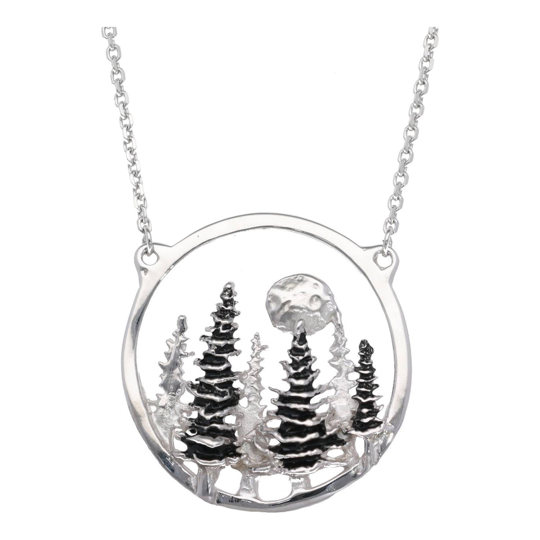 Silver Split Chain Necklace, Pine Moon Landscape Antique Finish