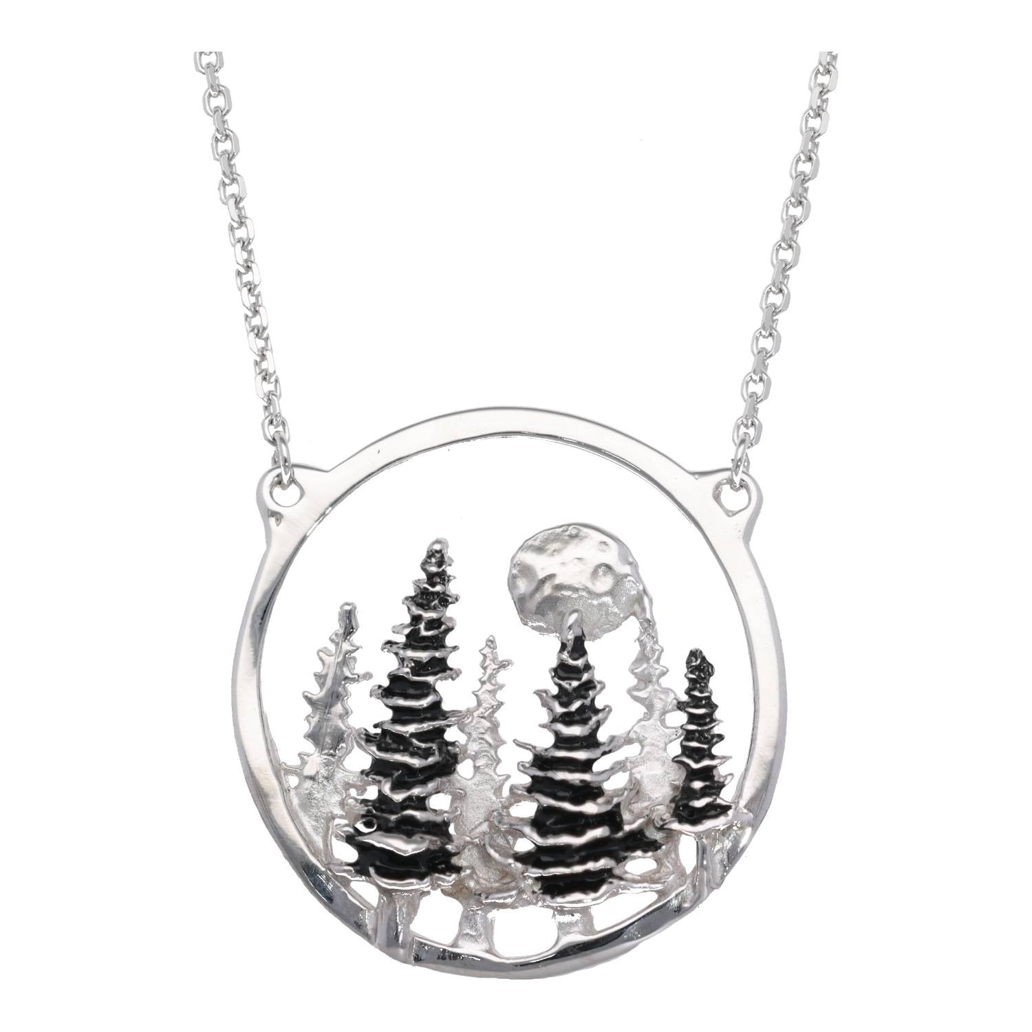 Silver Split Chain Necklace, Pine Moon Landscape Antique Finish