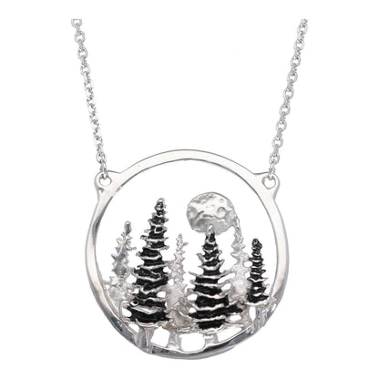 Silver Split Chain Necklace, Pine Moon Landscape Antique Finish