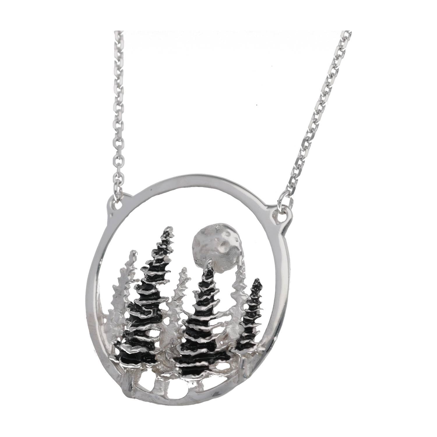 Silver Split Chain Necklace, Pine Moon Landscape Antique Finish