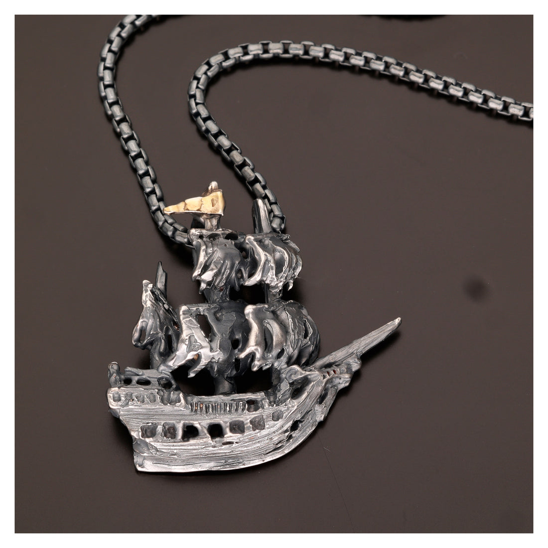 Ghost Pirate Ship Necklace in Antiqued Silver
