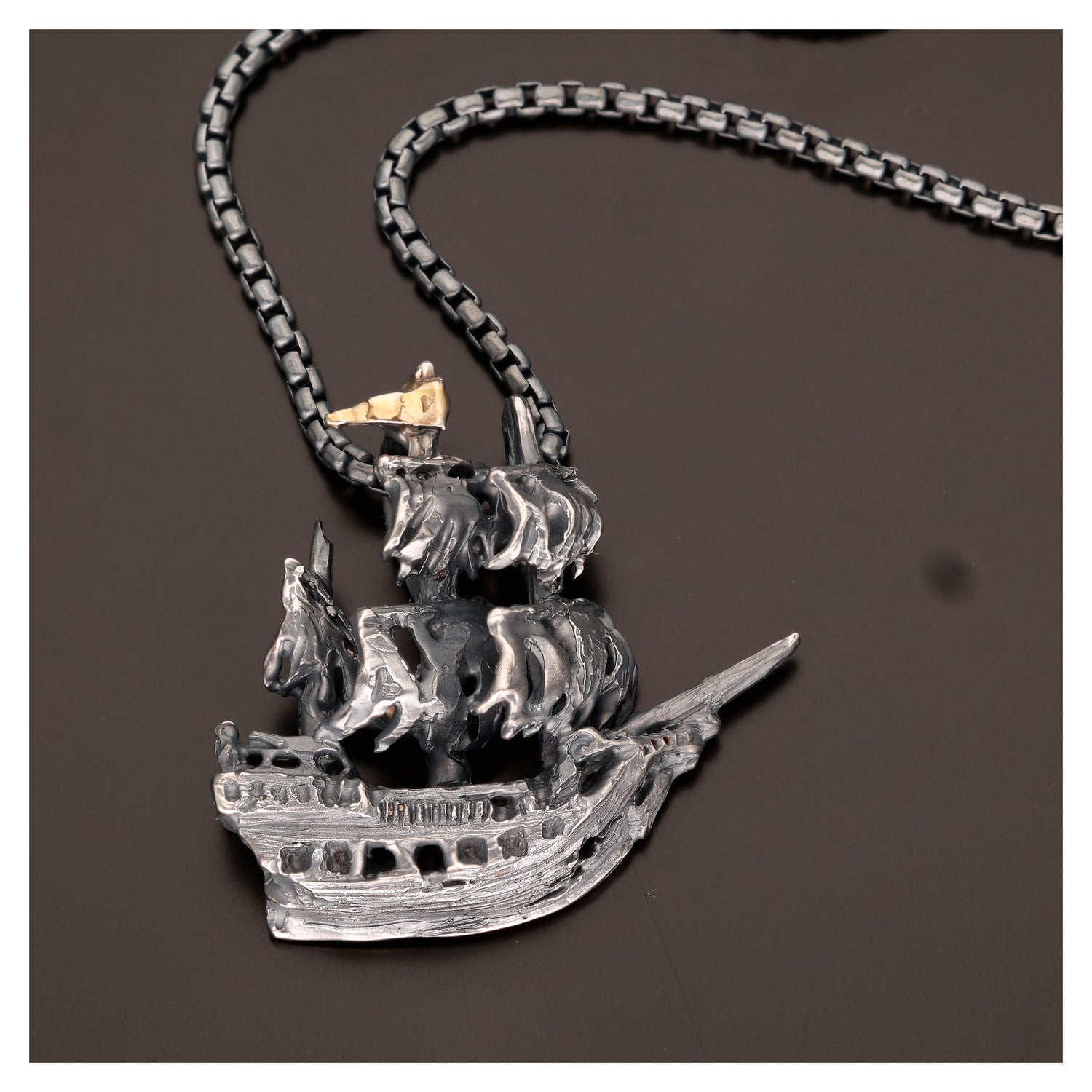 Ghost Pirate Ship Necklace in Antiqued Silver