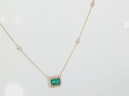 Emerald and Diamond Gold Halo Station Necklace