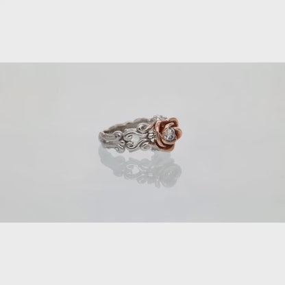 0.41ct Two Tone Rose, White Gold Diamond Ring, Victorian a la Rose