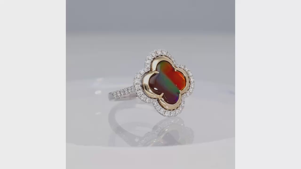 Two Tone Gold Iridescent Clover Amolite Diamond Ring