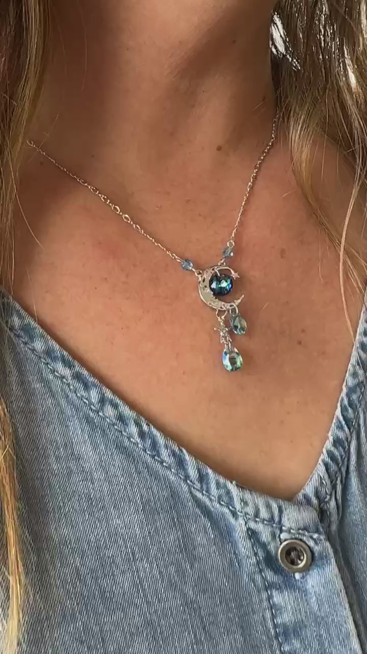 Celestial crystal Blue Moon Silver Dangle Necklace