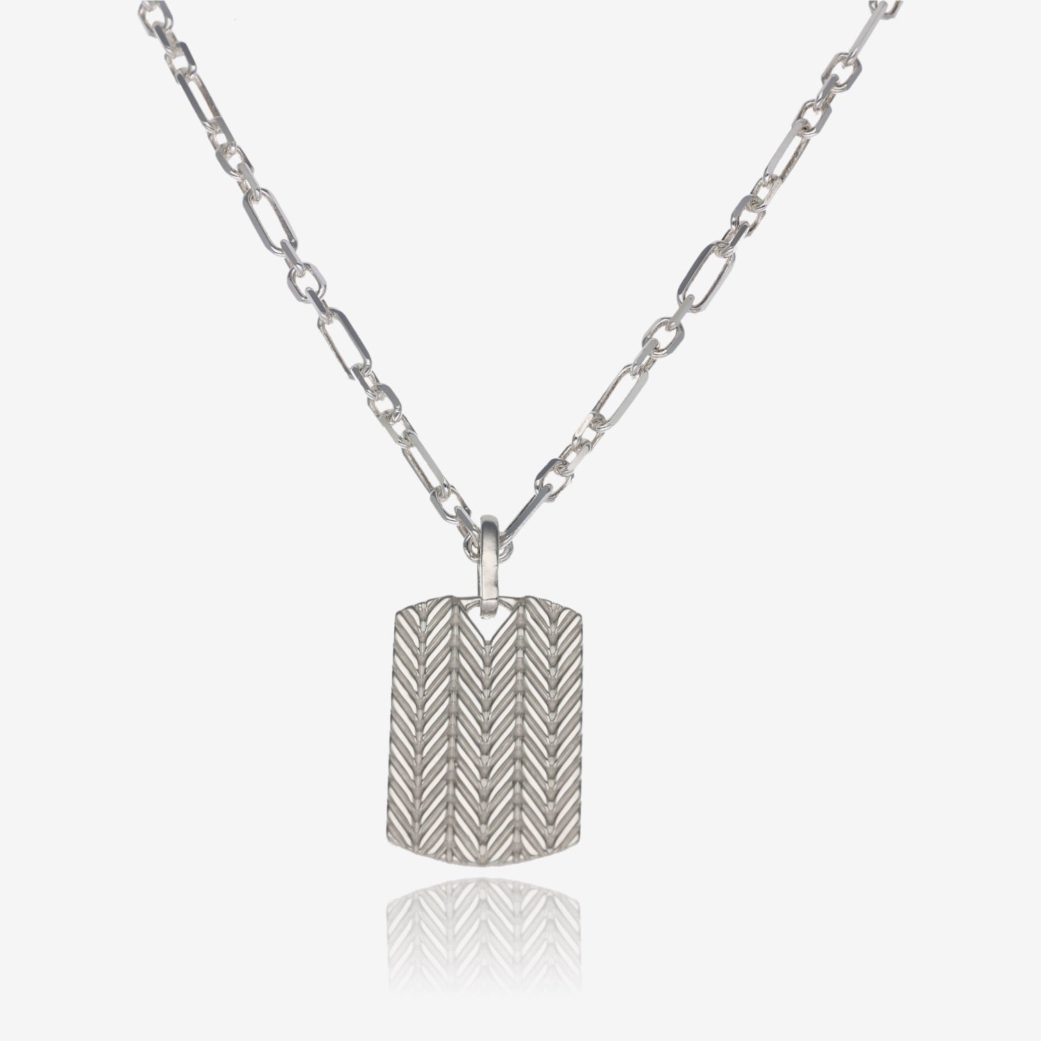 Herringbone Pattern Dog Tag Necklace Silver