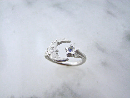 Moonstone Silver Ring, Celestial Moon Star