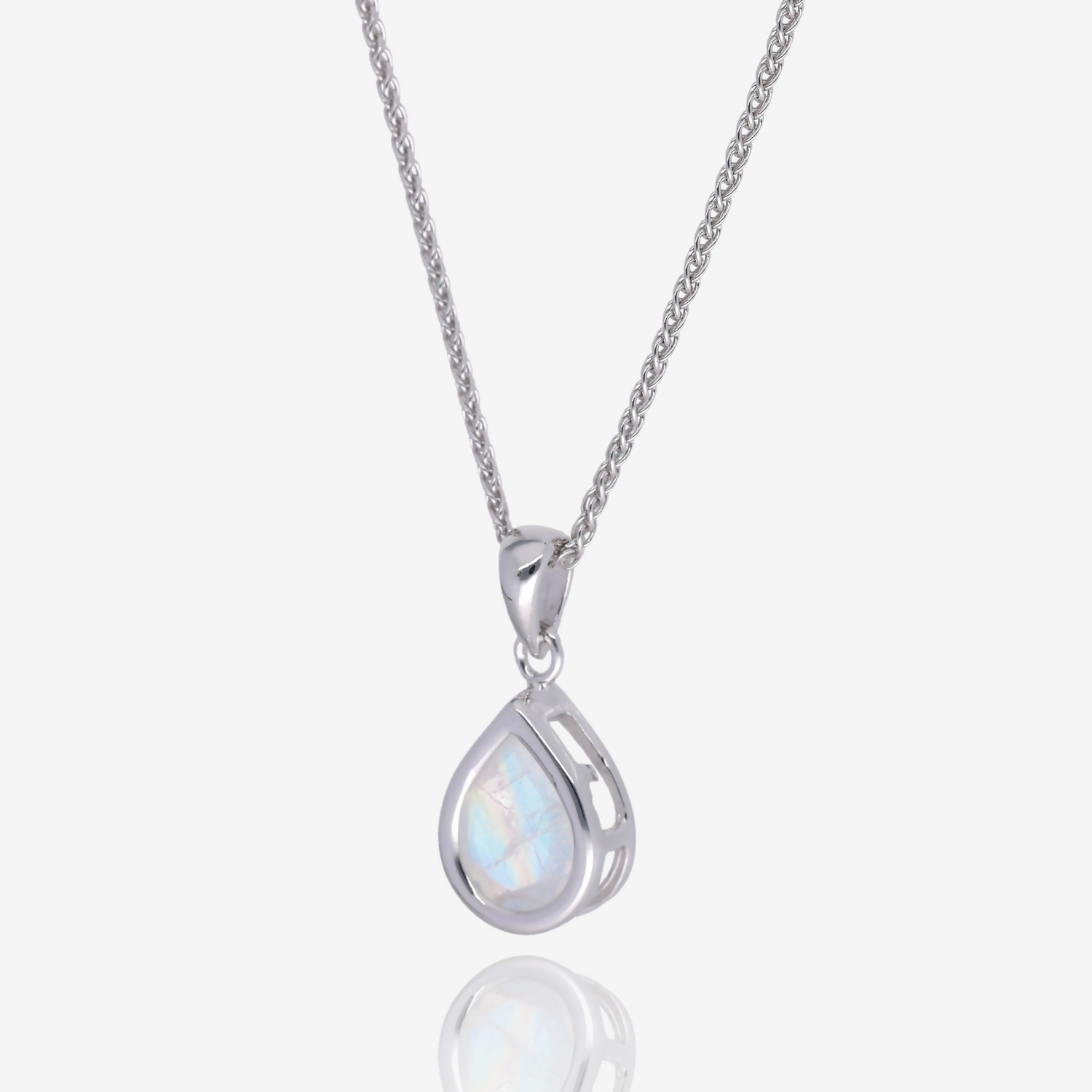 Pear Shaped Rainbow Moonstone Bezel Pendant in Sterling Silver