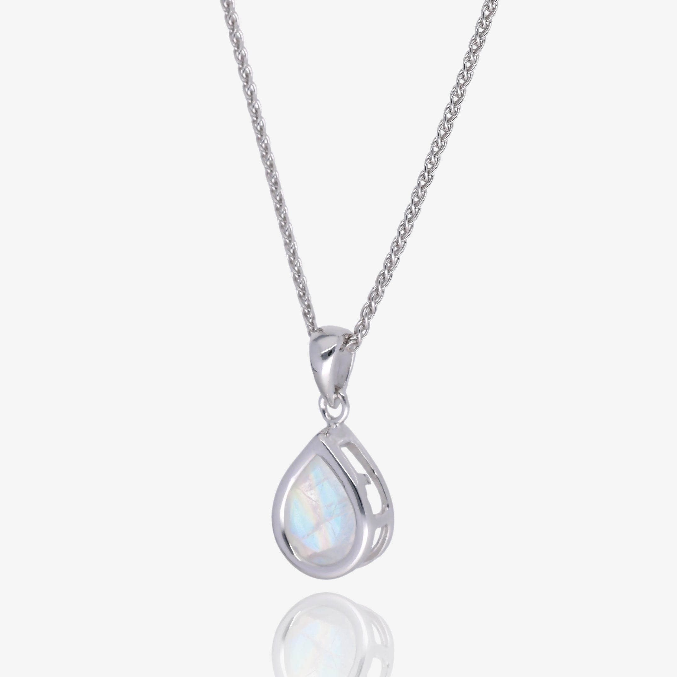 Pear Shaped Rainbow Moonstone Bezel Pendant in Sterling Silver