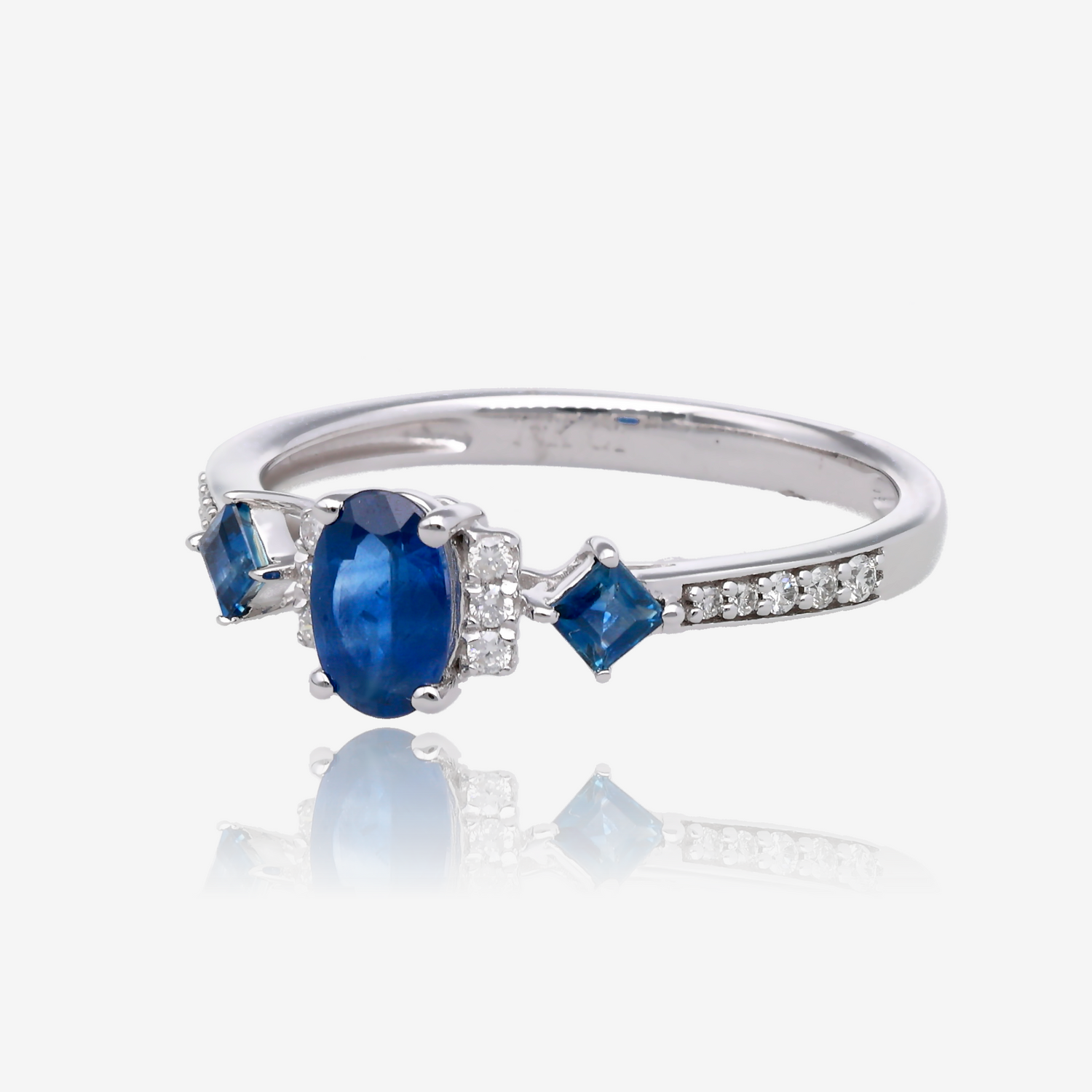 Oval and Square Natural Sapphire Ring with Diamond Accents in 14K White Gold