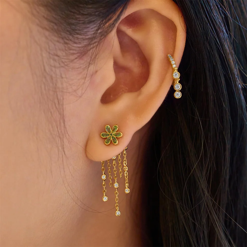 Yellow Floral Tassel Drop Stud Earrings