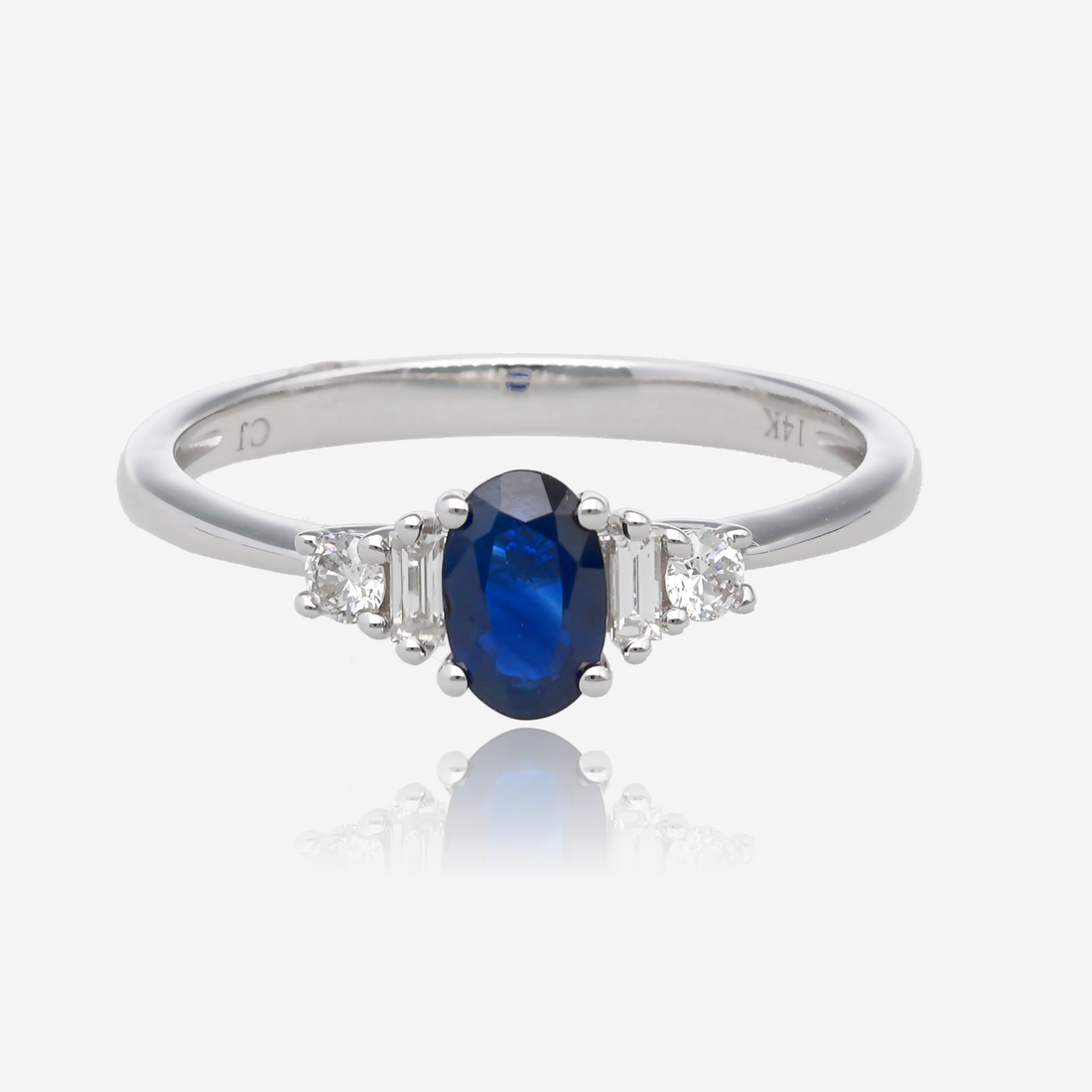Oval Sapphire and Diamond Tapered Ring in 14K White Gold
