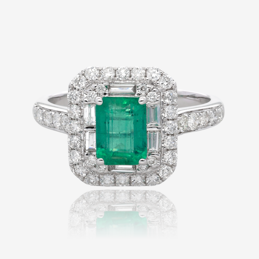 Emerald Cut Emerald and Double Halo Diamond Ring in 14K White Gold