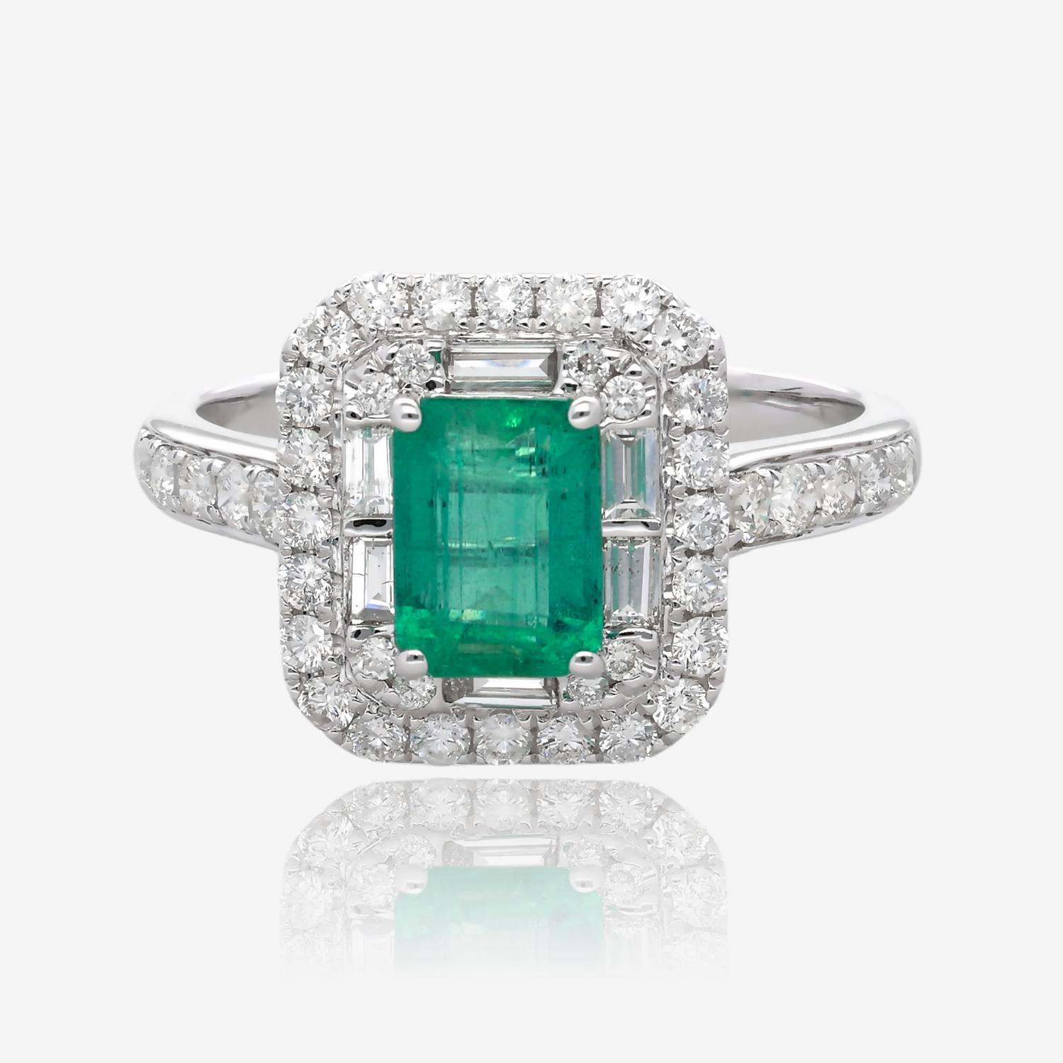 Emerald Cut Emerald and Double Halo Diamond Ring in 14K White Gold