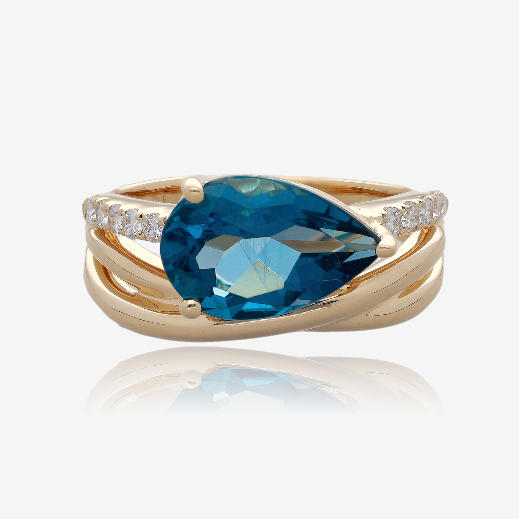 Pear Shaped London Blue Topaz and Diamond Multi Band Ring in 14K Yellow Gold