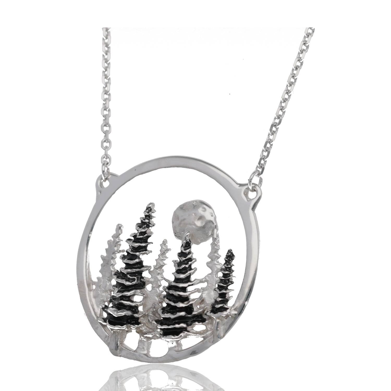 Silver Split Chain Necklace, Pine Moon Landscape Antique Finish