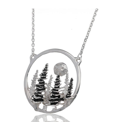 Silver Split Chain Necklace, Pine Moon Landscape Antique Finish