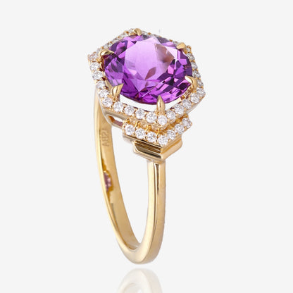 Art Deco Hexagon Amethyst Diamond Accented Ring
