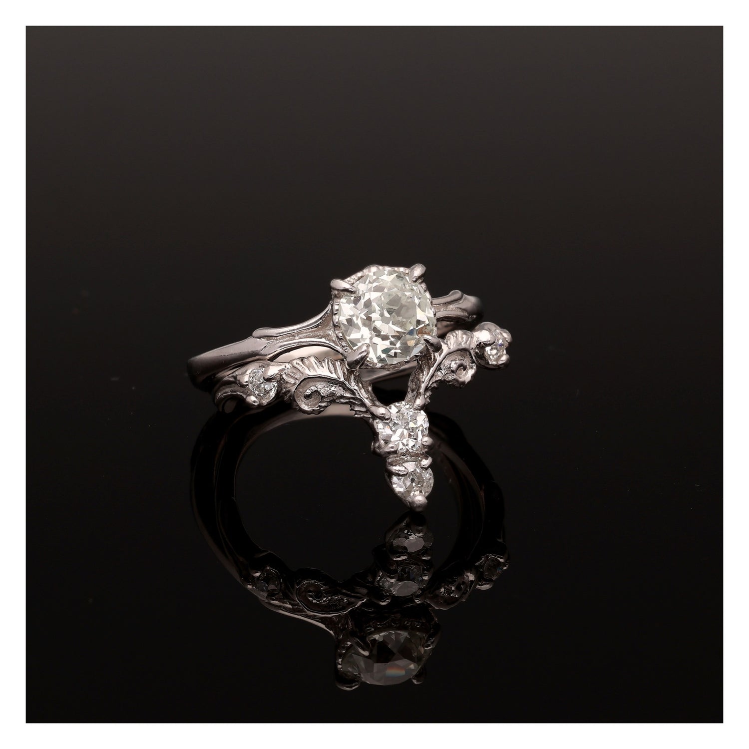 Fiddlehead Fern and Orchid Platinum Wedding Set 1 Carat Old Mine Cut Antique Diamond