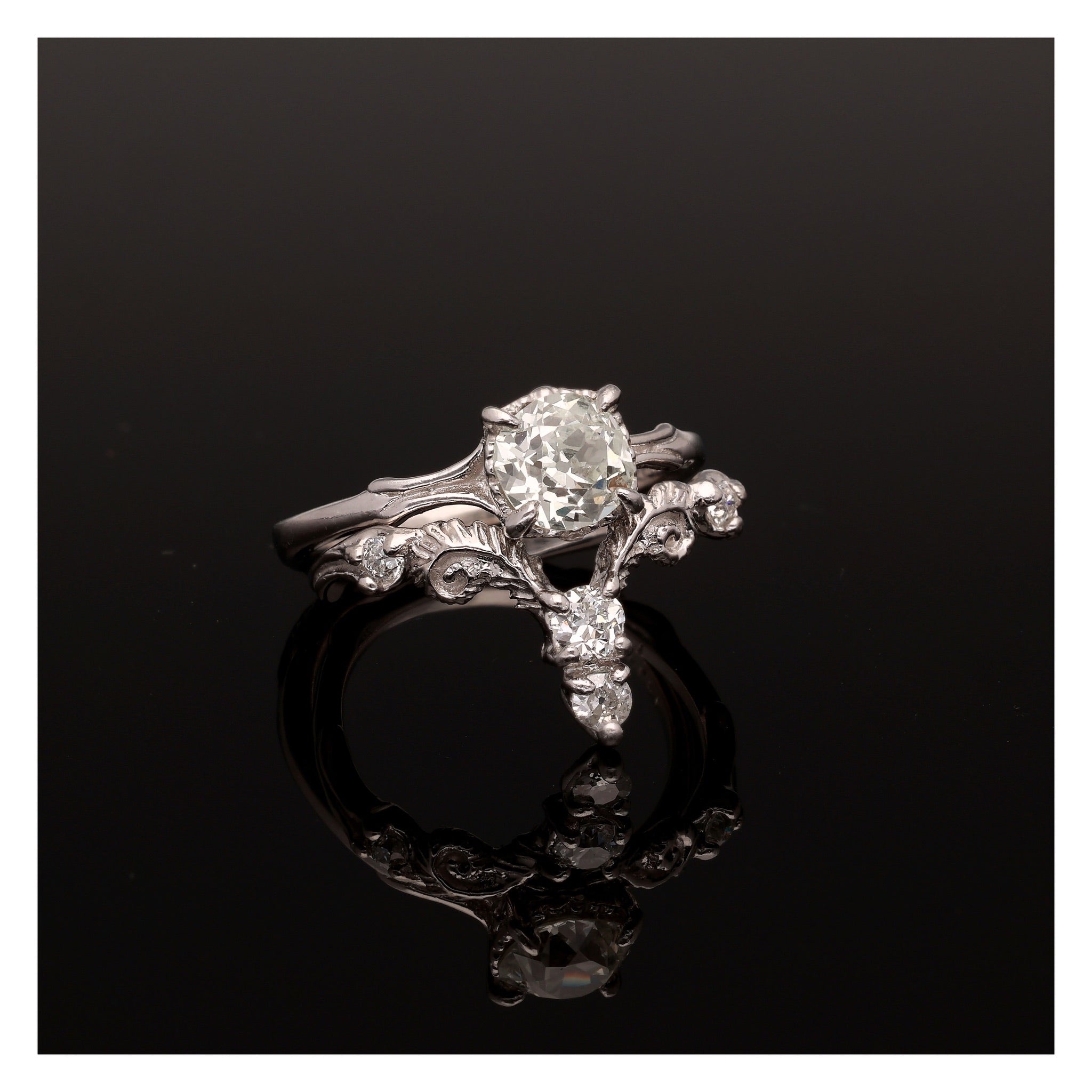 Fiddlehead Fern and Orchid Platinum Wedding Set 1 Carat Old Mine Cut Antique Diamond