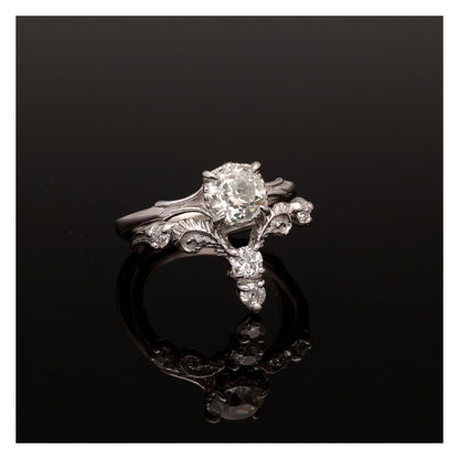 Fiddlehead Fern and Orchid Platinum Wedding Set 1 Carat Old Mine Cut Antique Diamond