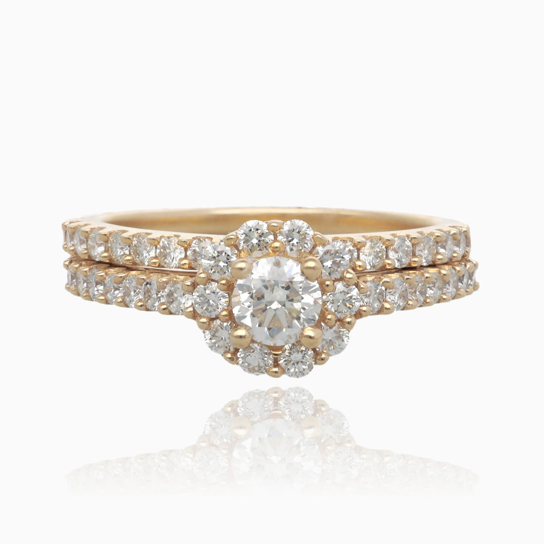 1.00CT TDW 14K Yellow Gold Round Halo Wedding Set