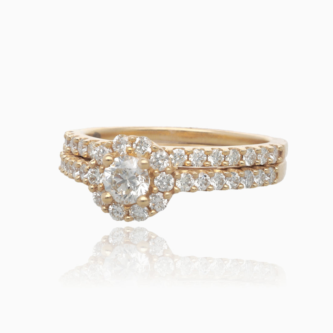 1.00CT TDW 14K Yellow Gold Round Halo Wedding Set