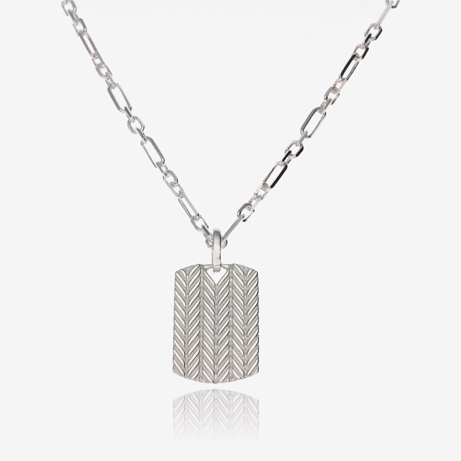 Herringbone Pattern Dog Tag Necklace Silver