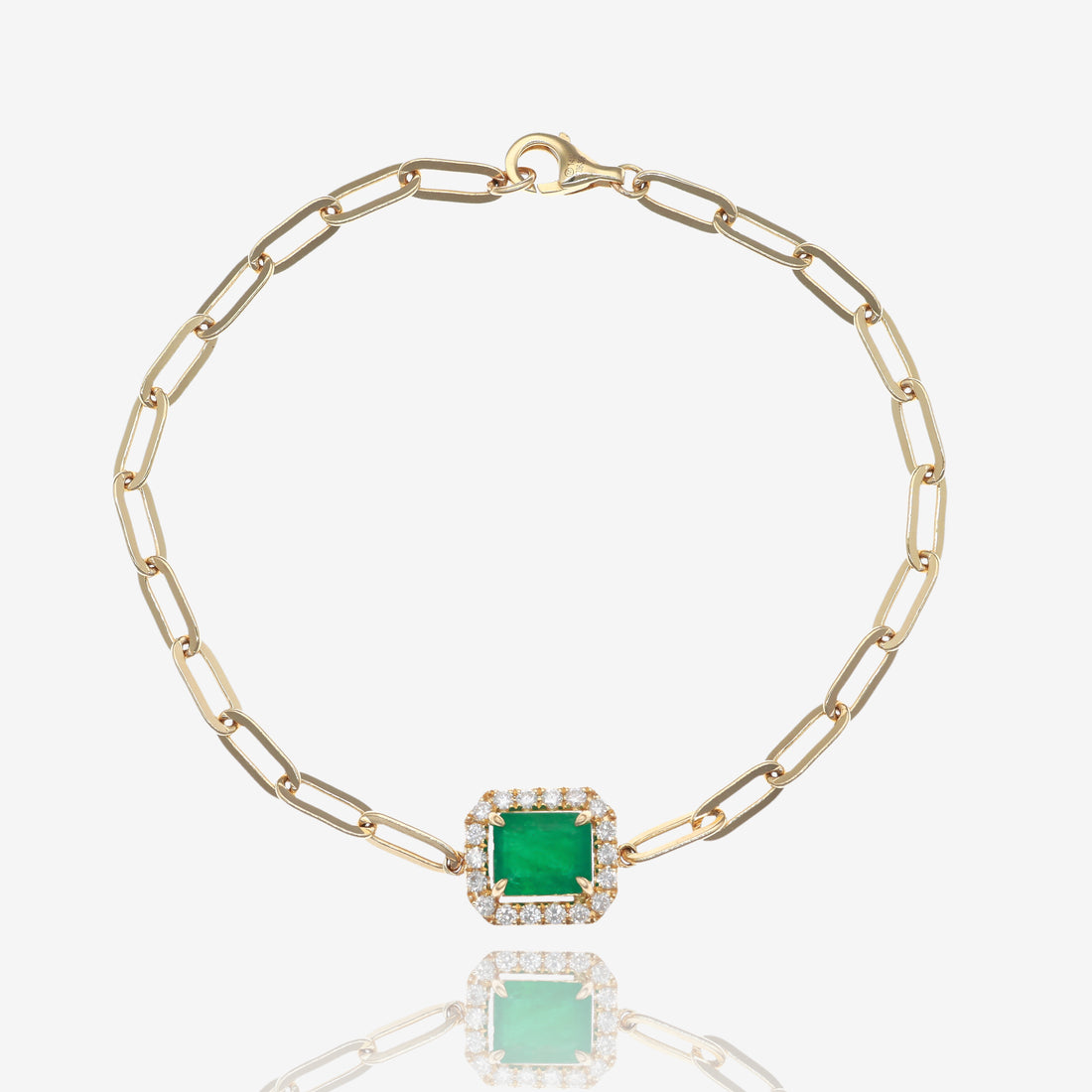 Emerald East West Halo Station Paperclip Link Gold Bracelet