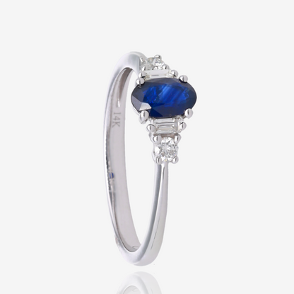 Oval Sapphire and Diamond Tapered Ring in 14K White Gold