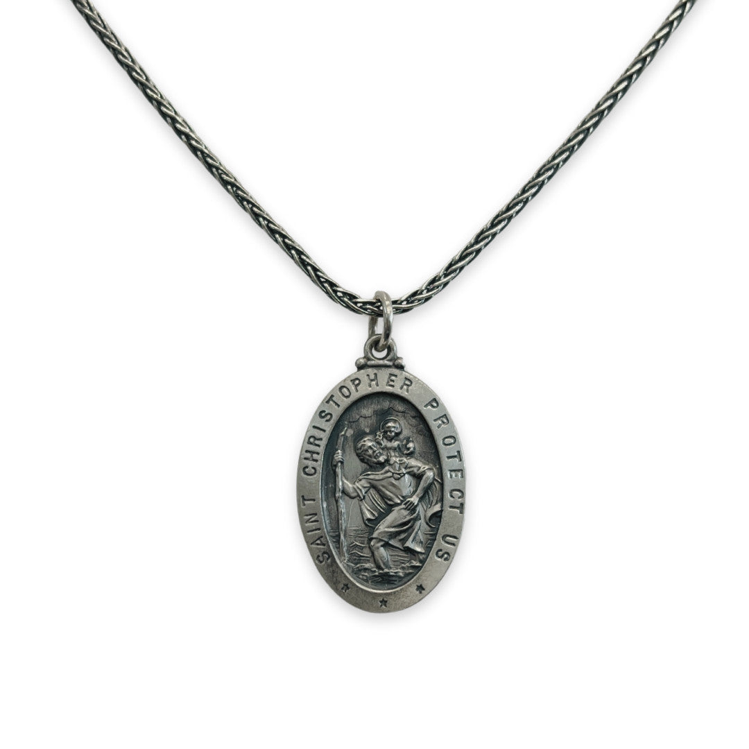 20" Small Antiqued Sterling St. Christopher Necklace