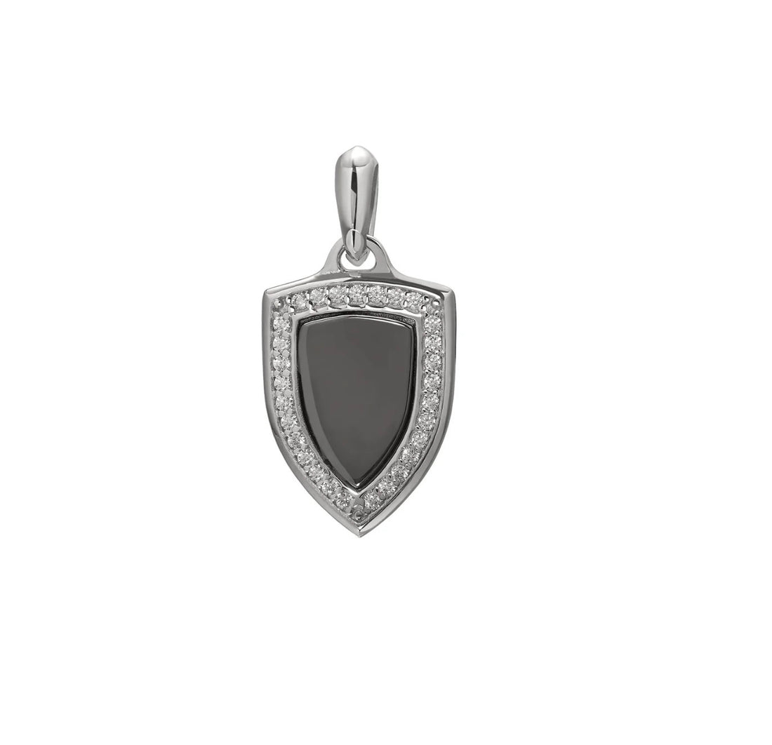 Sterling Silver Shield Pendant W/Black Rhodium Center &amp; Simulated Diamonds