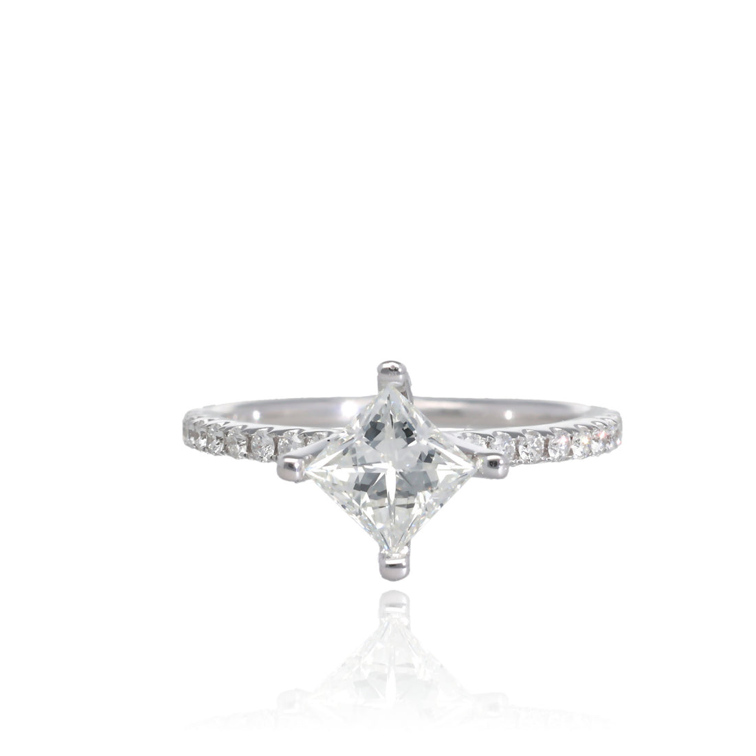 1.18ct Starlight Compass 18K White Gold Princess Cut Natural Diamond Engagement Ring with Pave Band