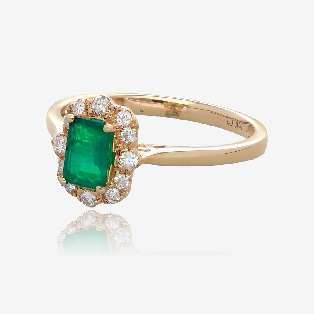 Emerald Cut Emerald and Diamond Vintage Halo Ring in 14K Yellow Gold