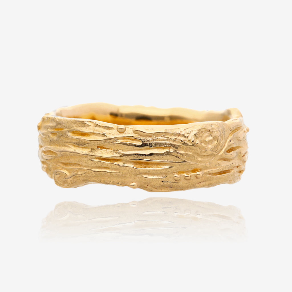 Knotted Tree Bark Textured 14k Yellow Gold Domed Band