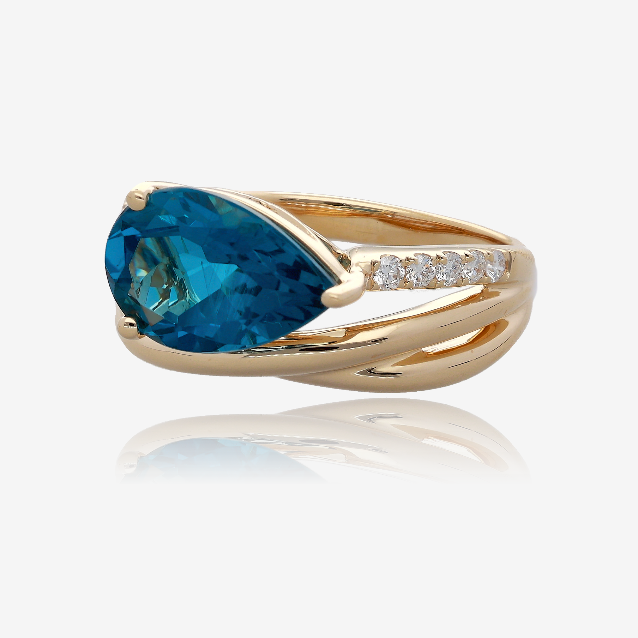 Pear Shaped London Blue Topaz and Diamond Multi Band Ring in 14K Yellow Gold