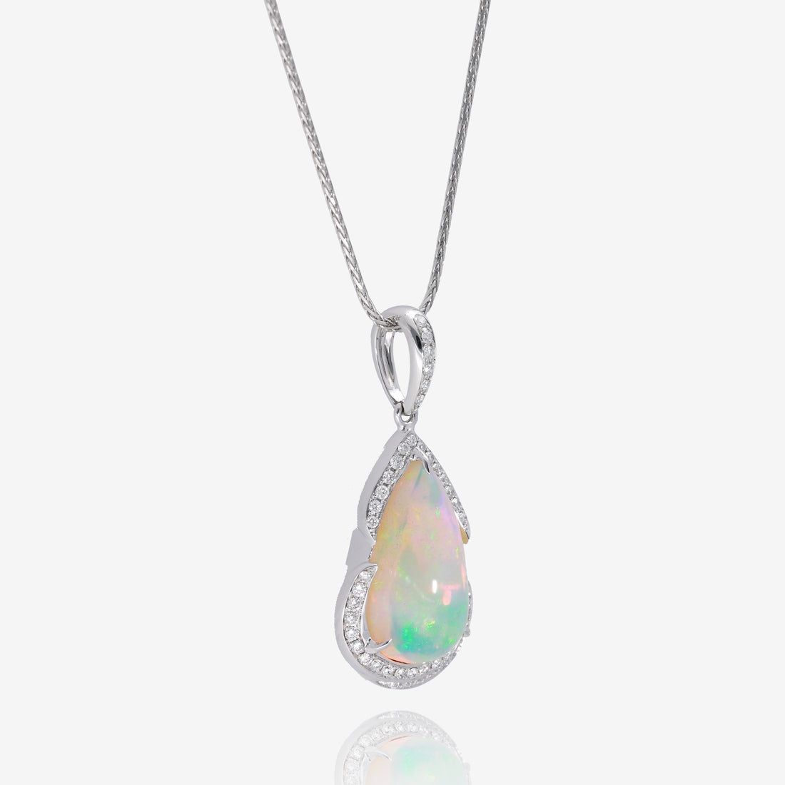 Moonlit Fire: 14K White Gold Opal and Diamond Pendant